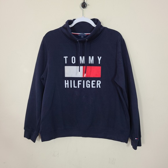 Tommy Hilfiger Tops - Tommy Hilfiger Hoodie Sweatshirt Womens L Navy Blue Y2K Spell Out Colorblock Red